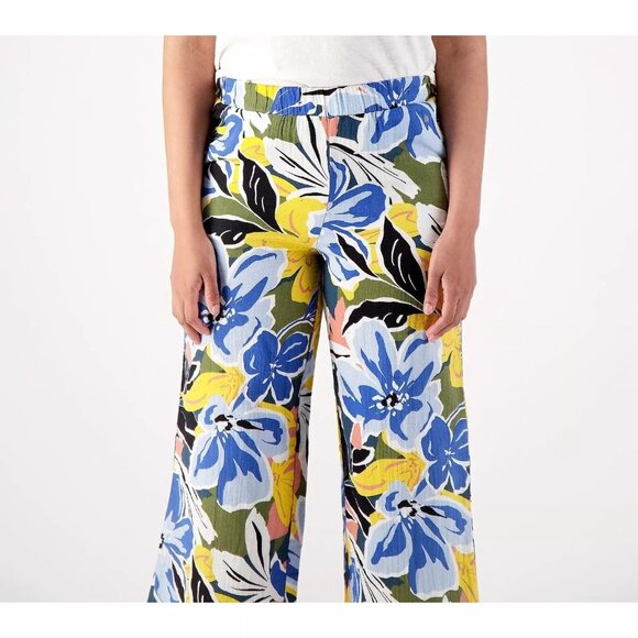 Susan Graver Soleil Gauze Wide Leg Crop Beach Flowy Pants XS Black Palm A602948 - Picture 4 of 8